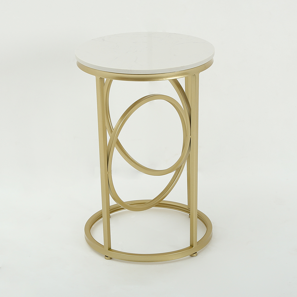 White Round End Table Marble Top Side Table Metal in Gold