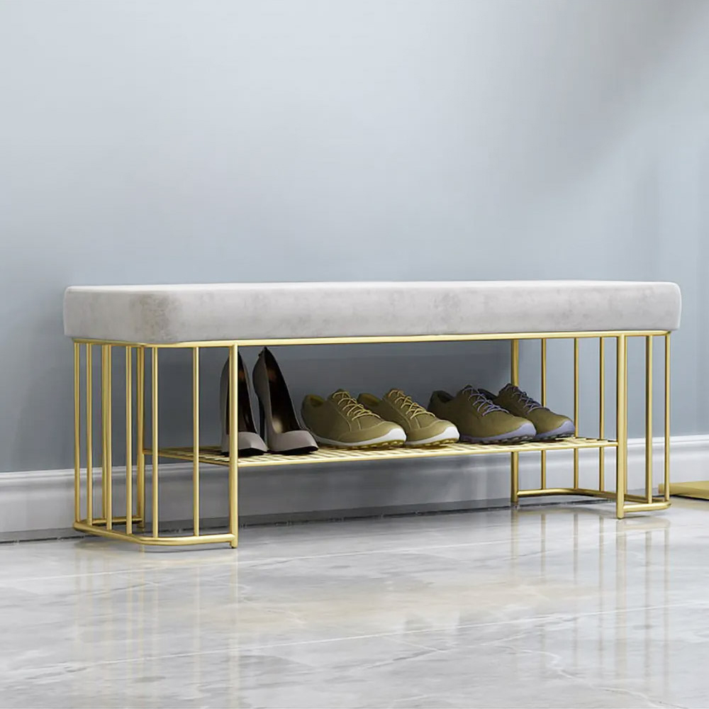Modern Grey Hallway Bench with Shoe Storage Velvet Upholstered with Gold Frame and Shelf