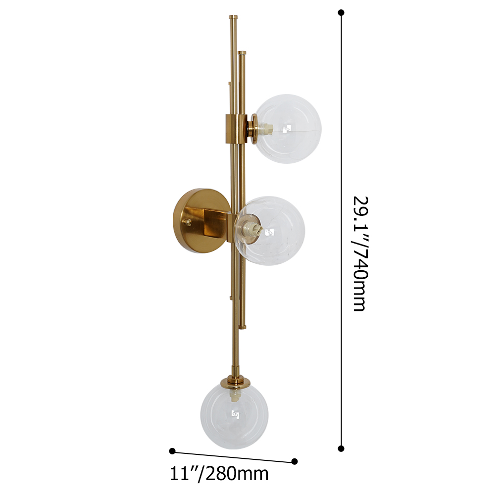 Modern Gold 3-Light Decorative Clear Glass Indoor Globe Wall Sconce-Homary