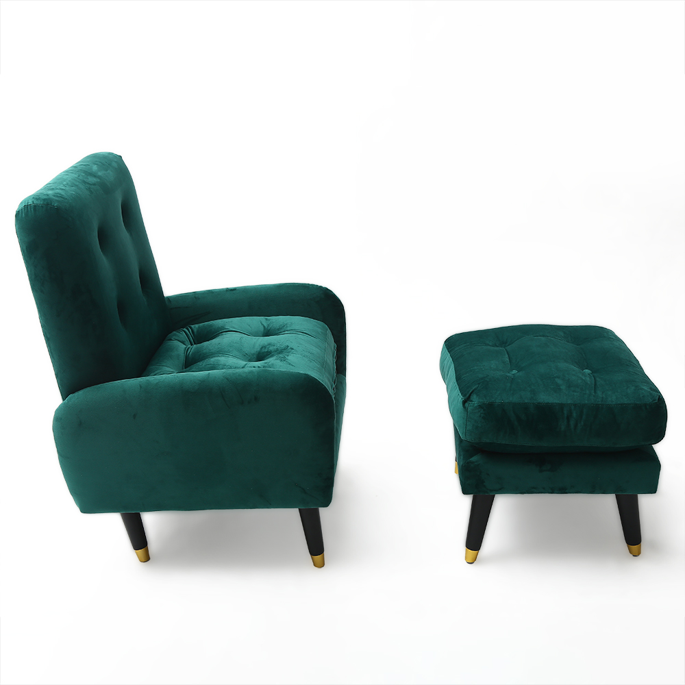 Gepolsterter Chaiselongue Sessel mit Ottomane und verstellbarer Rückenlehne, grüner Samt