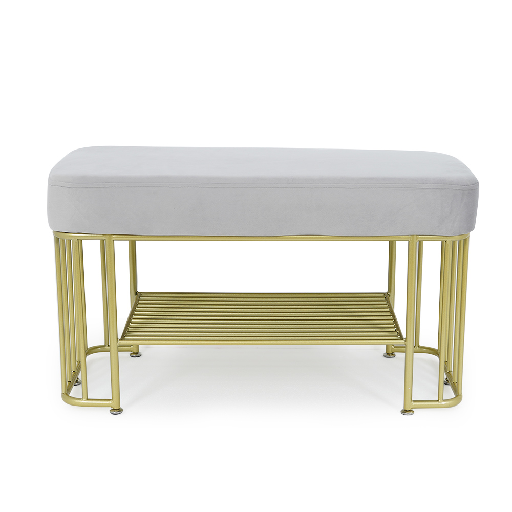 Modern Grey Hallway Bench with Shoe Storage Velvet Upholstered with Gold Frame and Shelf