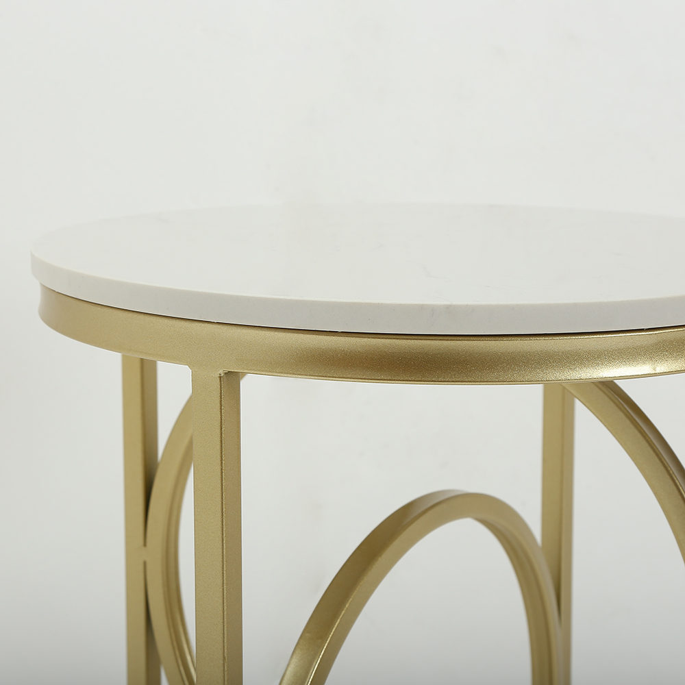 White Round End Table Marble Top Side Table Metal in Gold