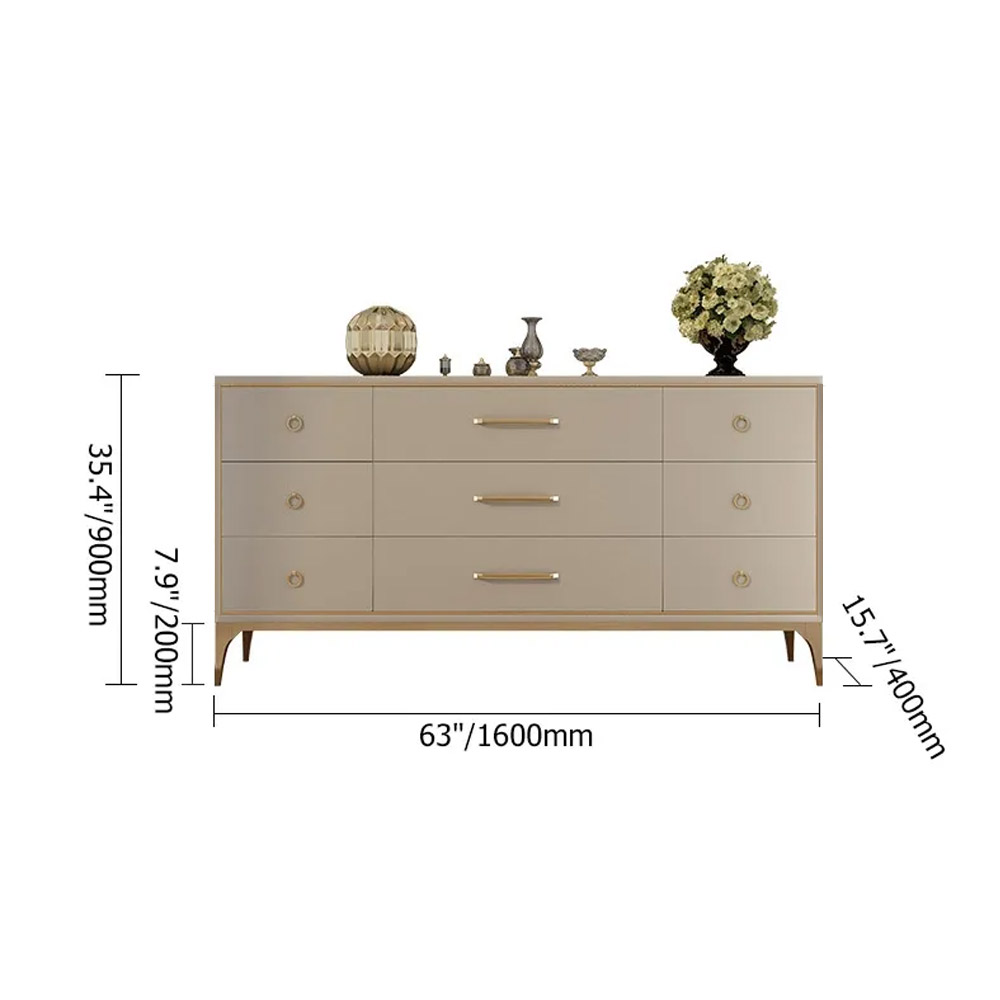 1600mm Contemporary 9-Drawer Champagne Bedroom Dresser for Storage in Gold
