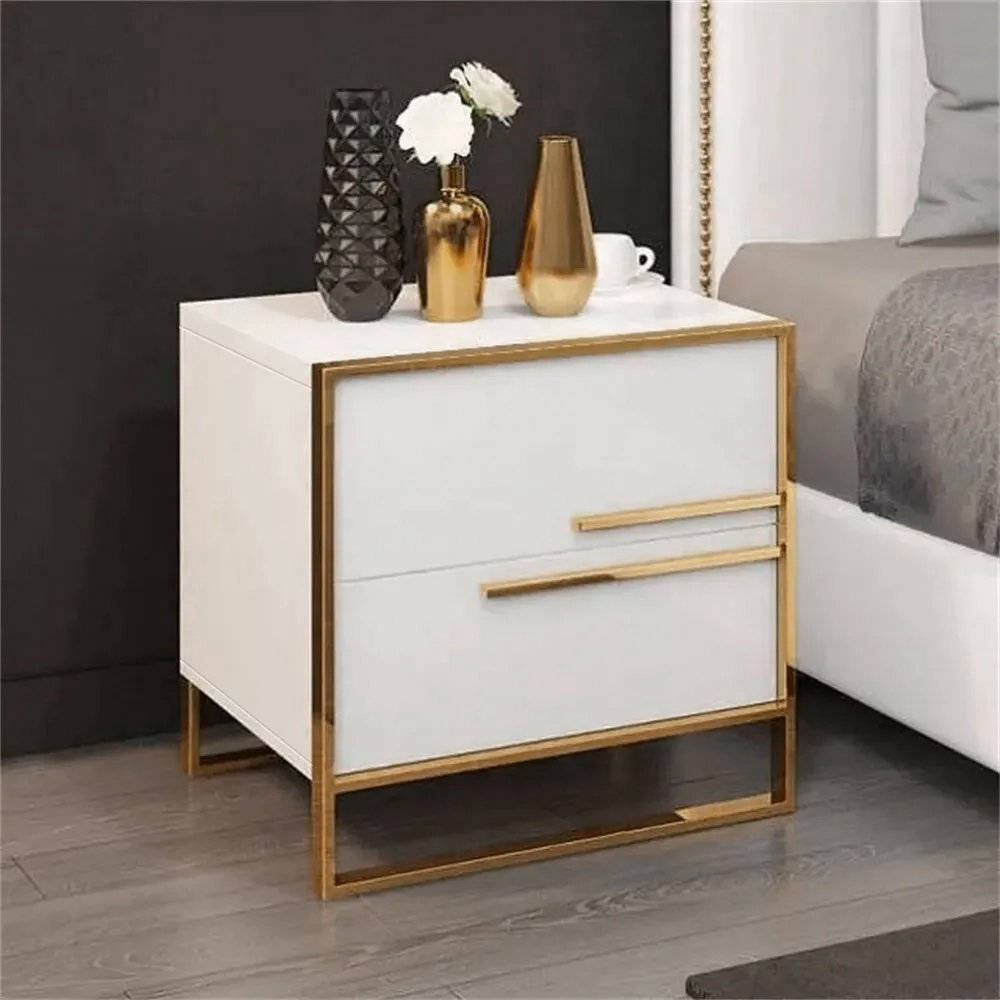 2-Drawer White Bedside Table Minimalist Design in Gold