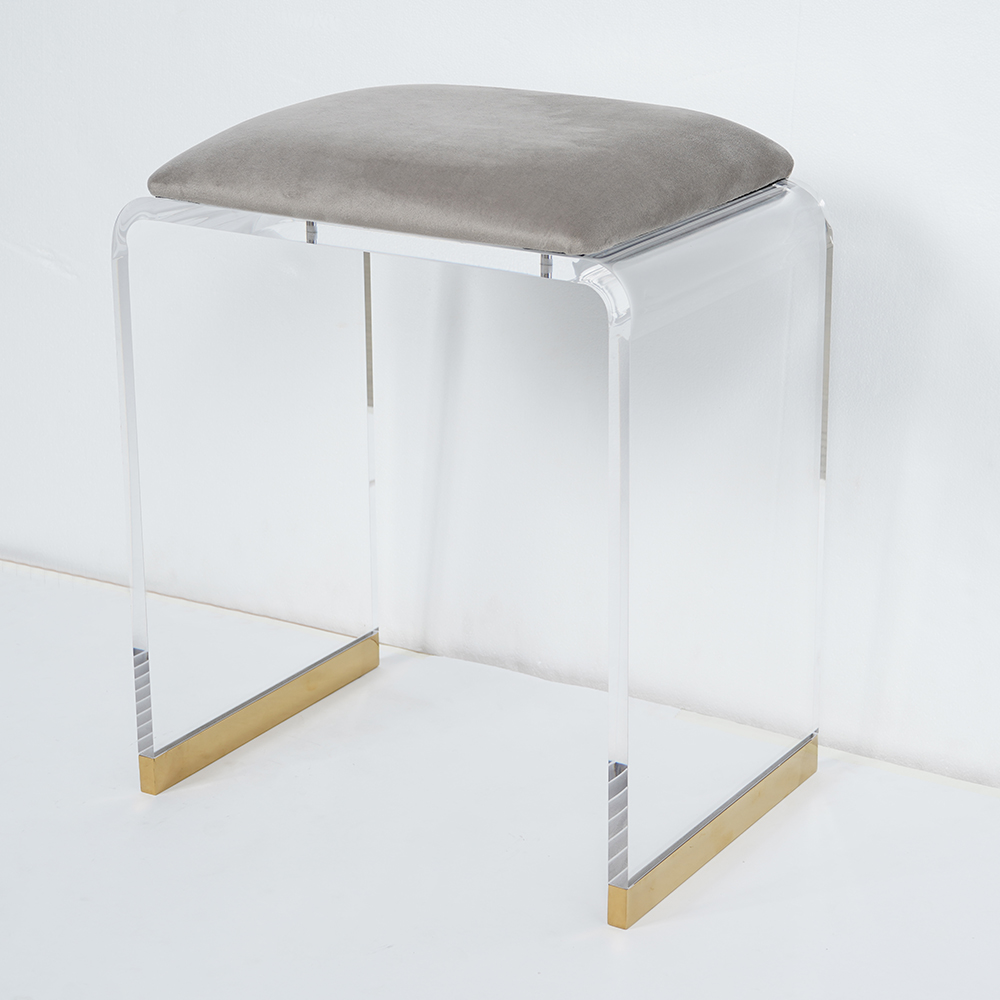 Grey Acrylic Ottoman Vanity Stool Clear and Gold-Large