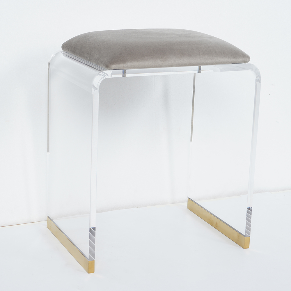 Grey Acrylic Ottoman Vanity Stool Clear and Gold-Large