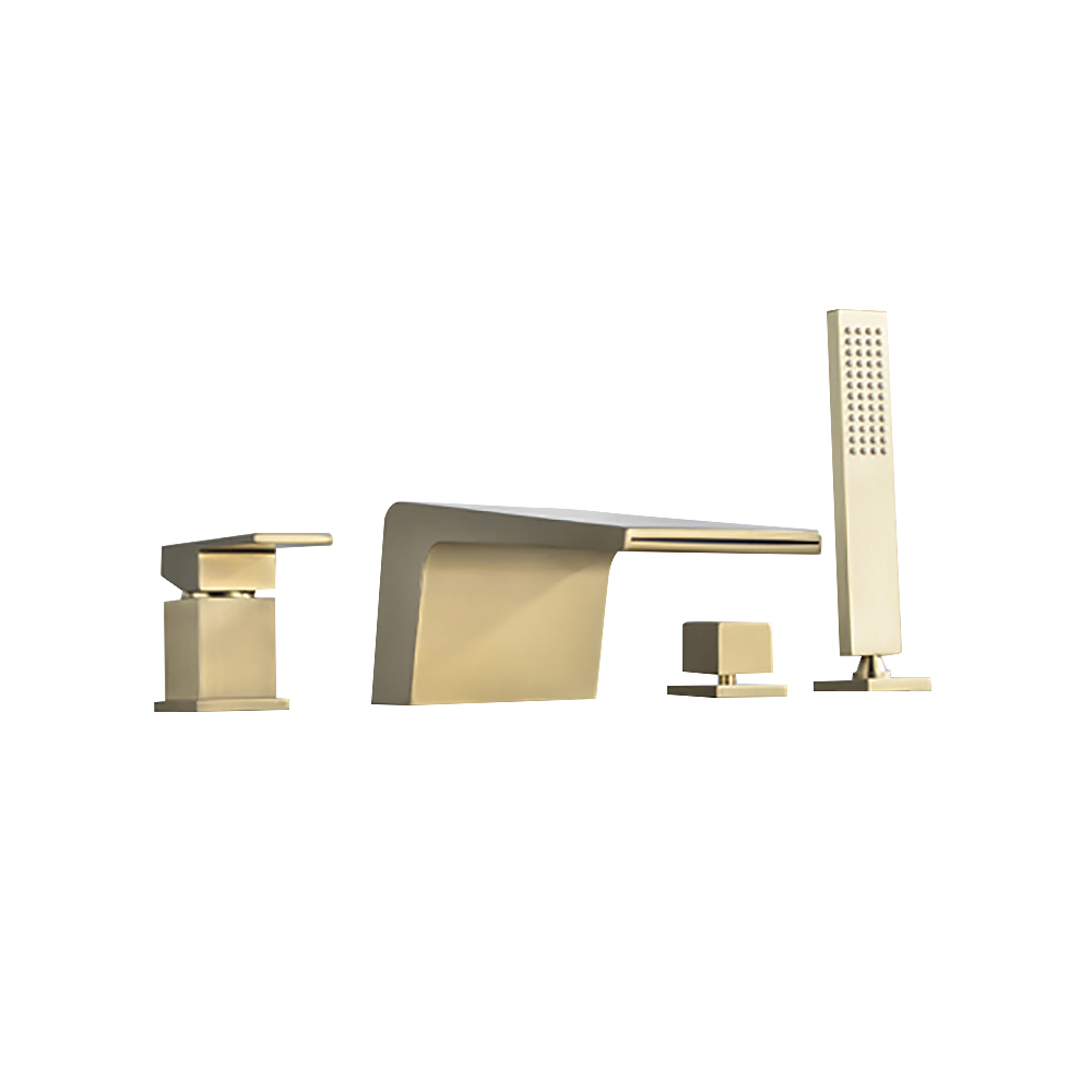 Waterfall Deck-Mount 4-Hole Bath Tap with Handshower in Brushed Gold