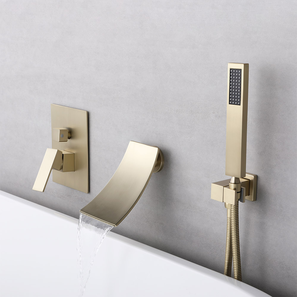 Waterfall Wall-Mount Bath Mixer Tap Single Lever Handle & Handshower in Burshed Gold