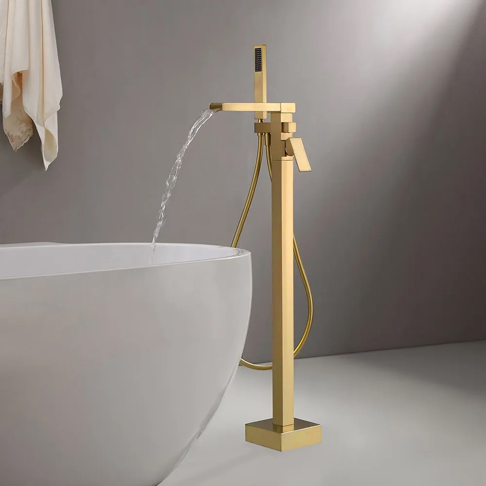 Modern Waterfall Bathroom Tub Filler Faucet with Handheld Spray Solid Brass Brushed Gold