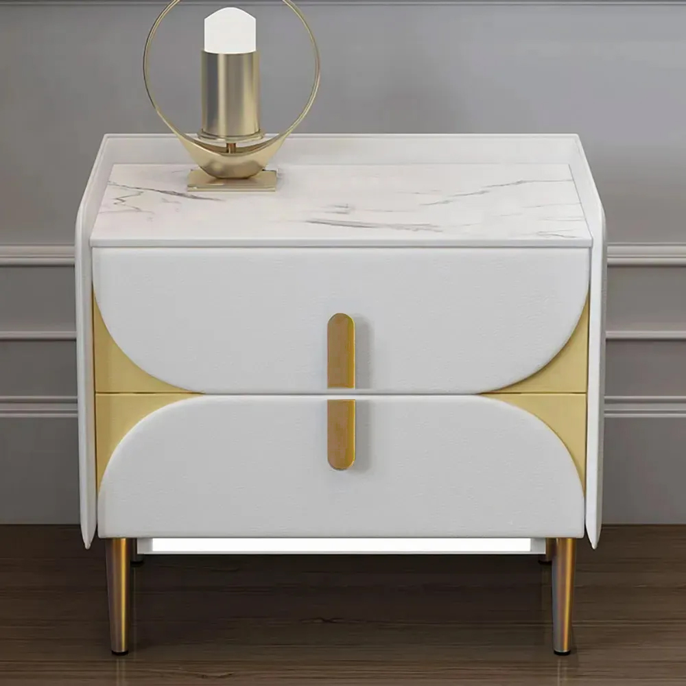 Luxury White Nightstand Stone Top Microfiber Leather Upholstery with LED Light