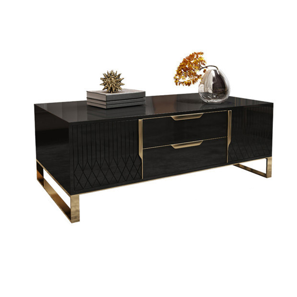 Nordic Rectangular Black Coffee Table with Storage of Drawers & Doors in Gold