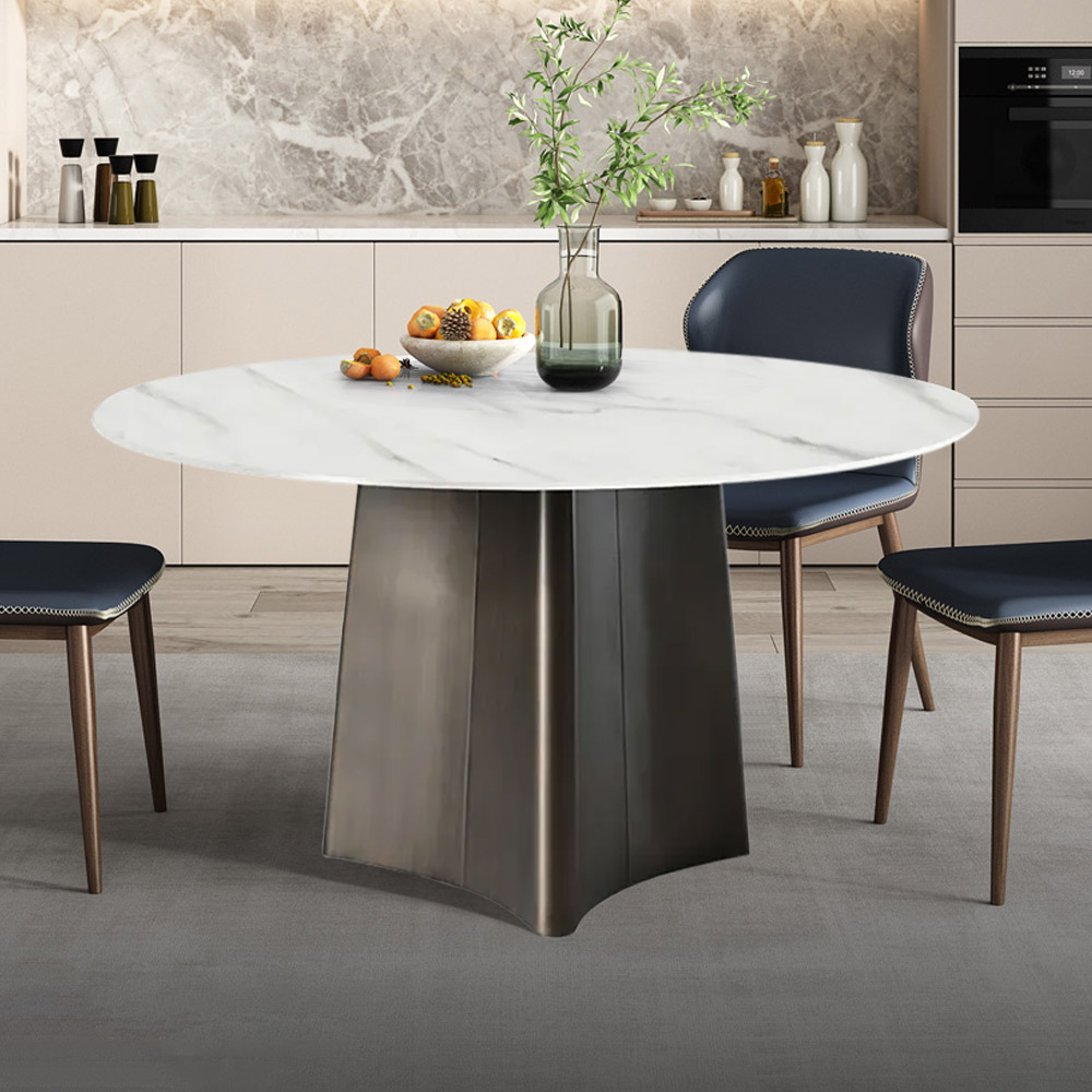 Modern Round Dining Table With Stone Top & Carbon Steel Base