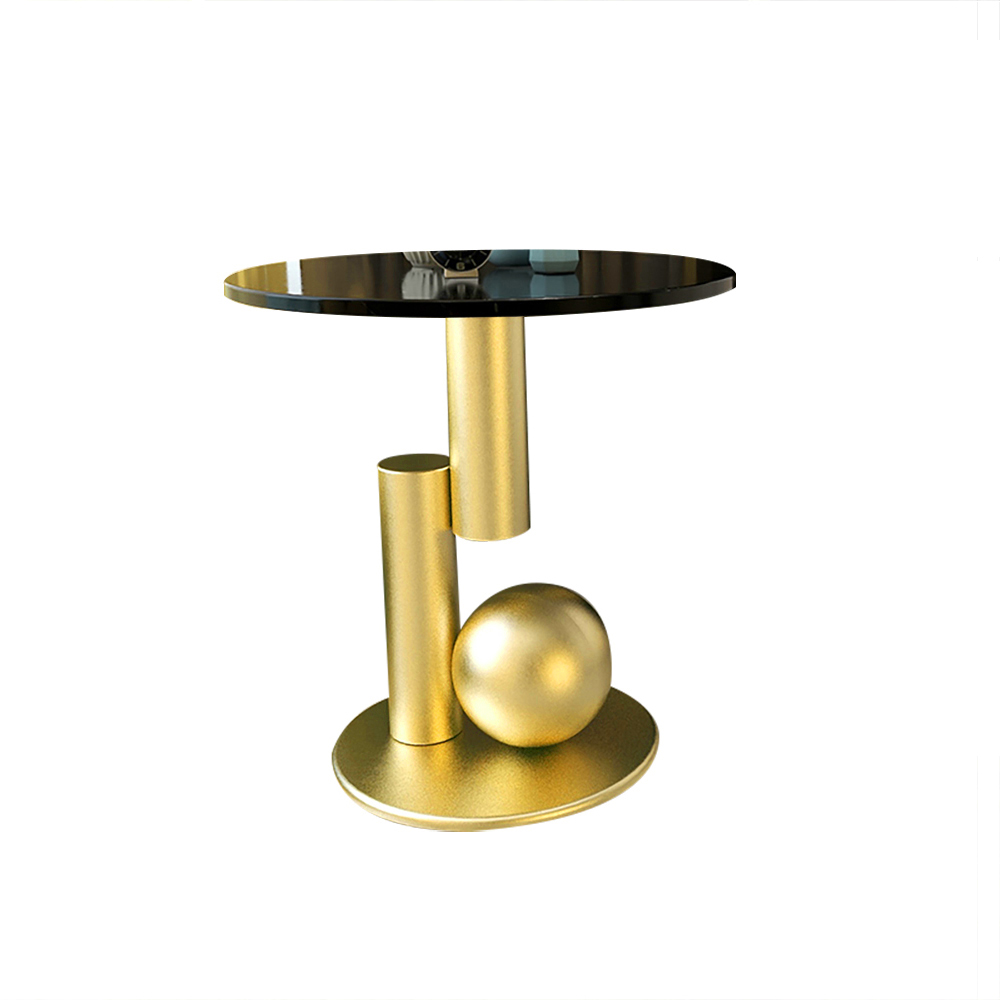 Modern Black End Table Round Stone Top with Abstract Metal Base