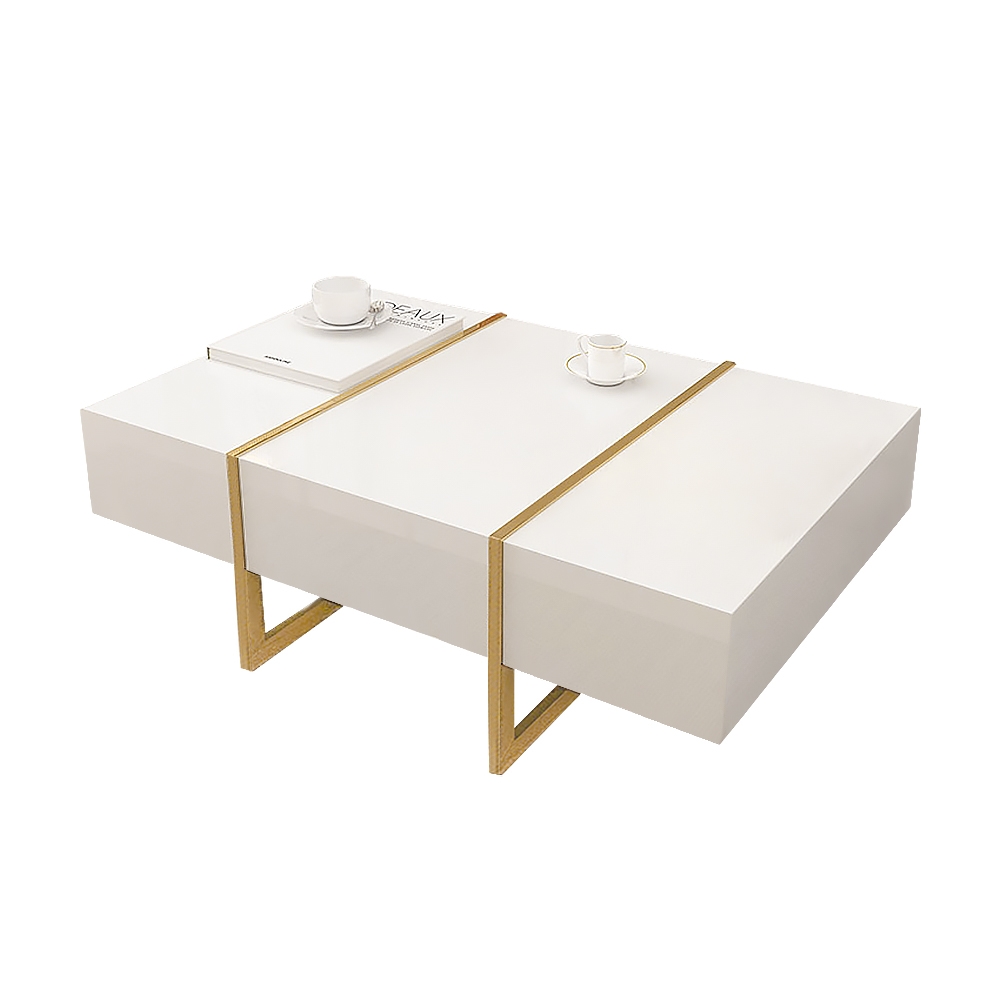 White Rectangular Coffee Table with Stainless Steel Base & Storage
