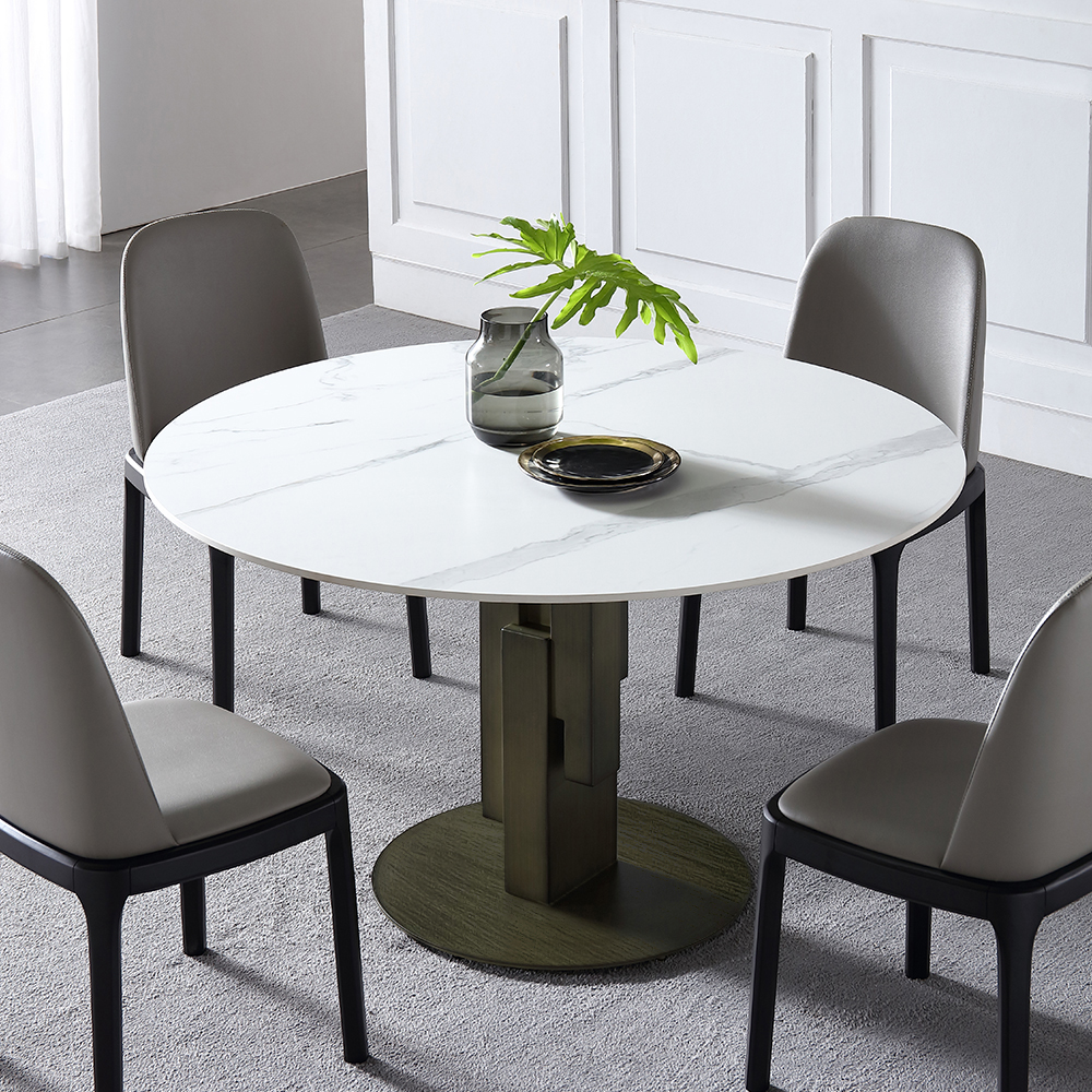 

Modern Round Dining Table with White Stone Top & Carbon Steel Base