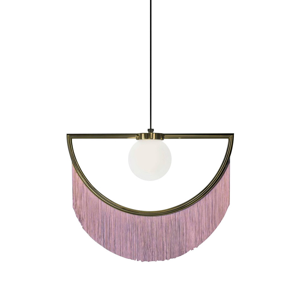 Stylish Dreamy Pink Tassel Pendant Light Fringe Half-Moon Gold Pendant Lamp with Globe Shade