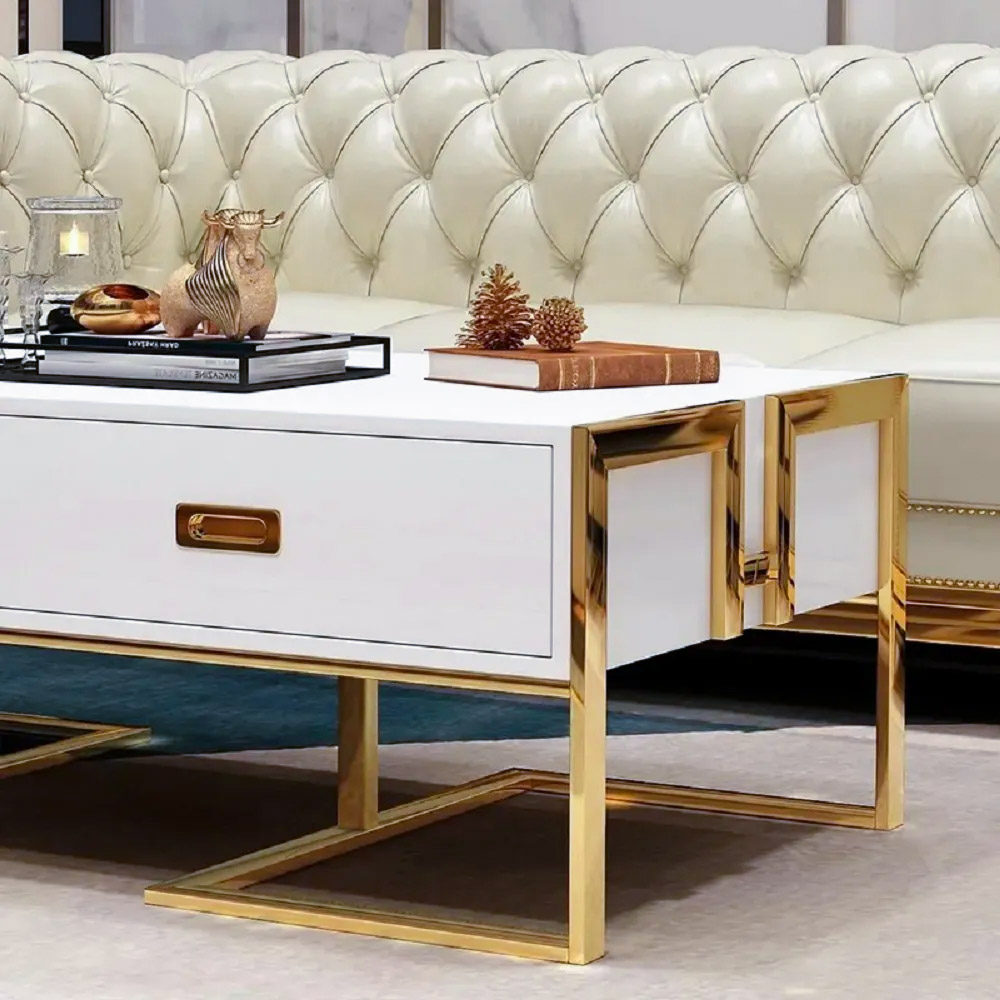Jocise Contemporary White Rectangular Coffee Table with Drawers Lacquer Gold Base