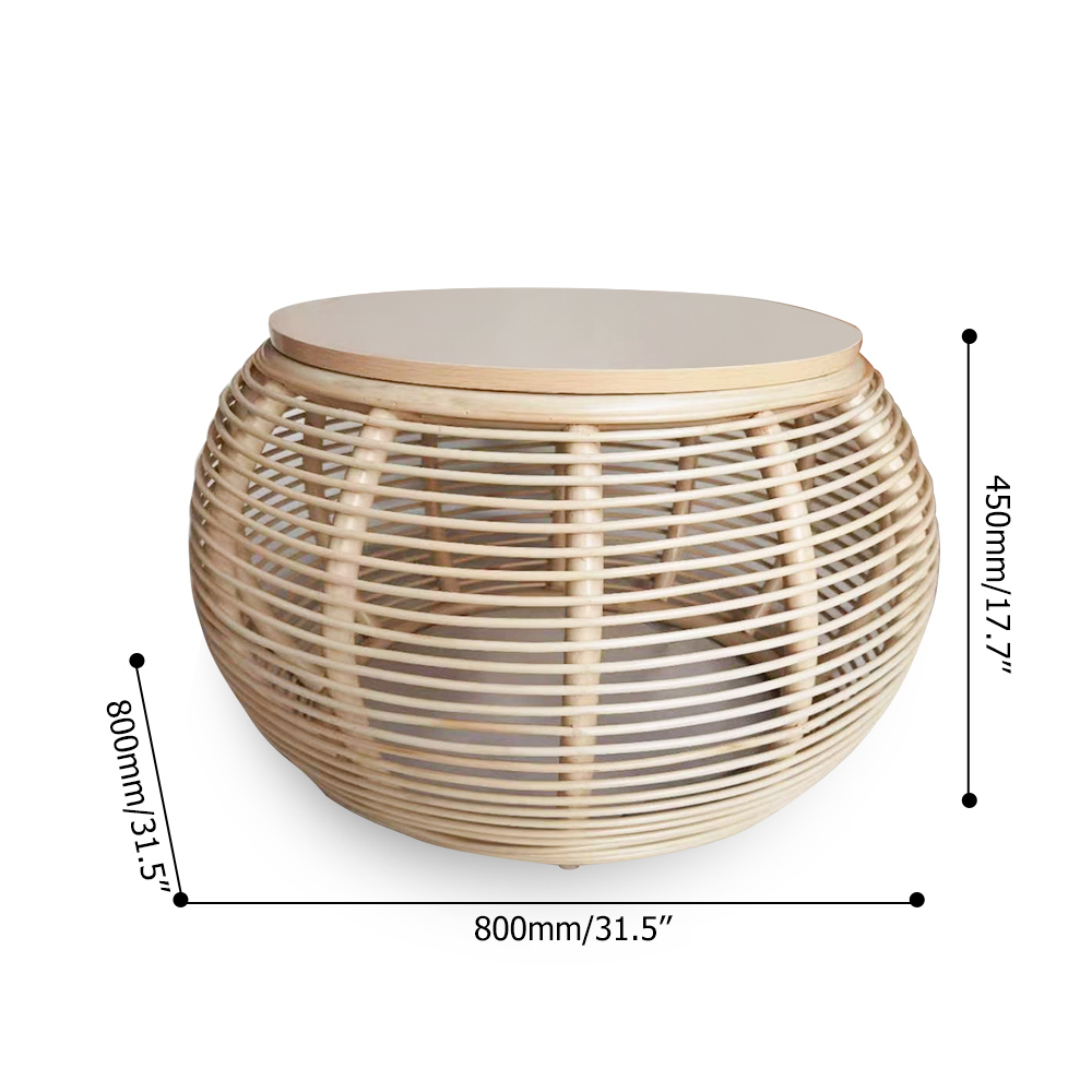 31.5" Natural Style Round Patio Rattan Coffee Table with Wood-Top