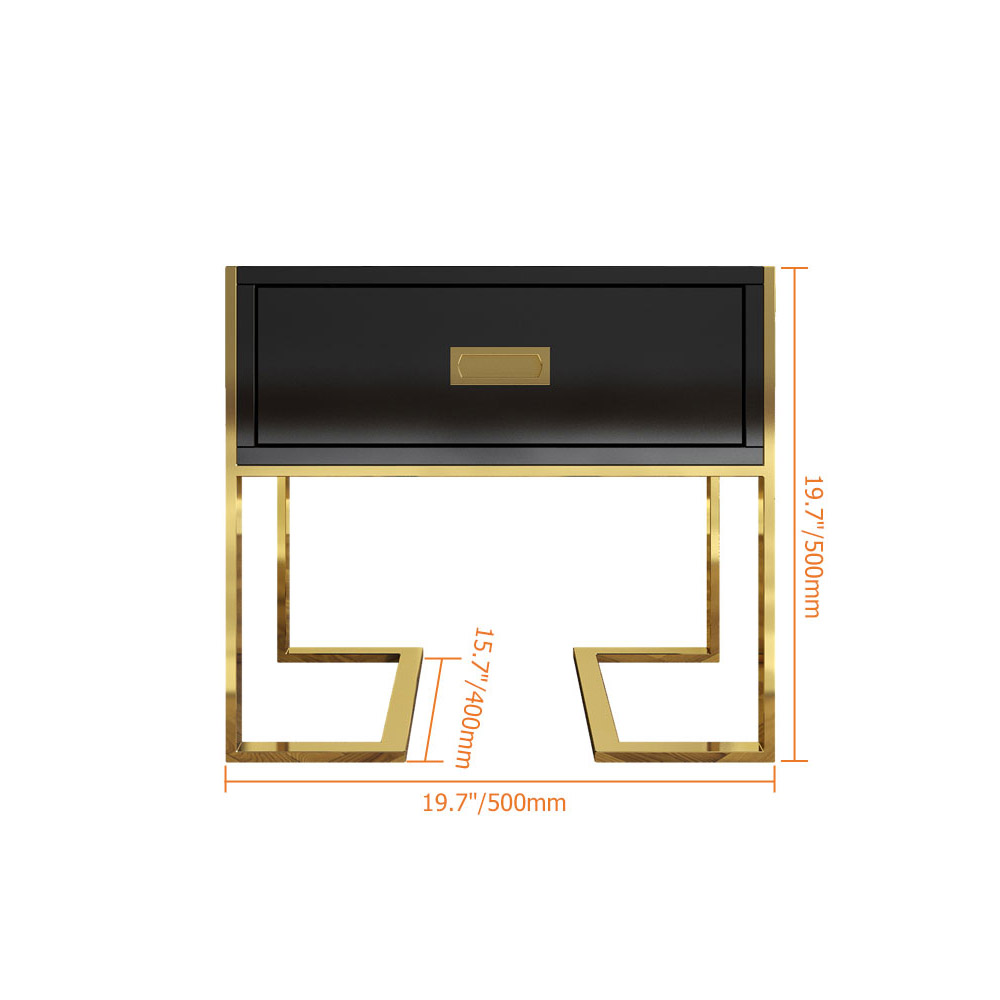 Table d'appoint moderne en bois noir avec 1 tiroir et double piédestal doré
