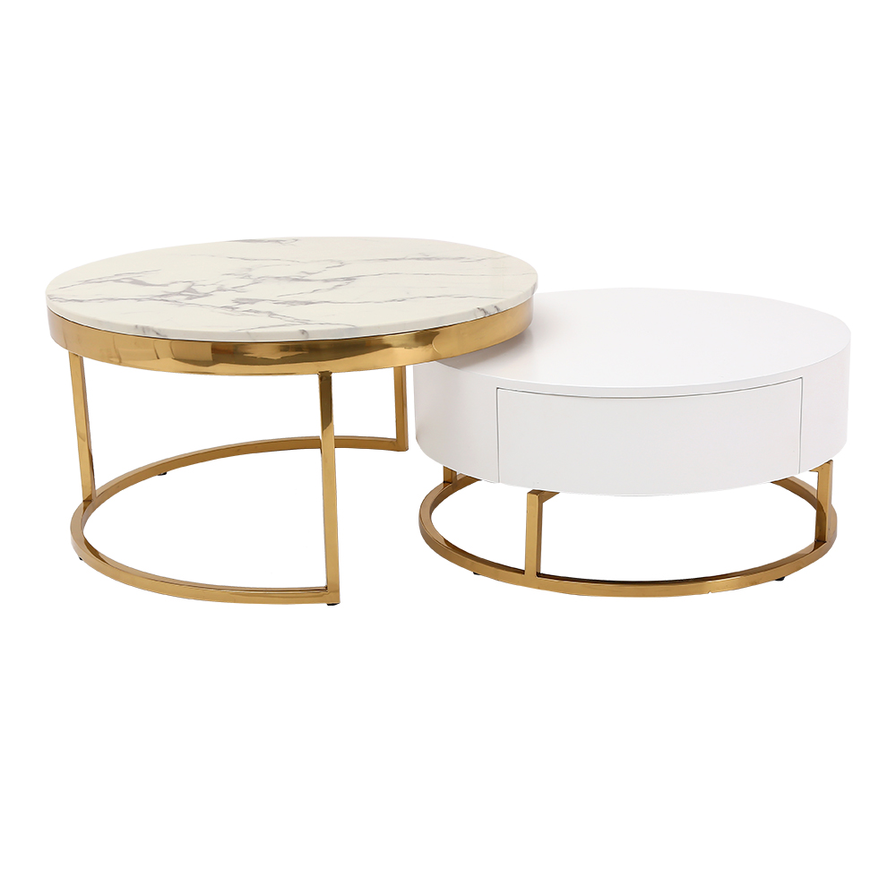 Modern Round Stone Lift-top Nesting Wood Coffee Table with Drawers in Marble & White