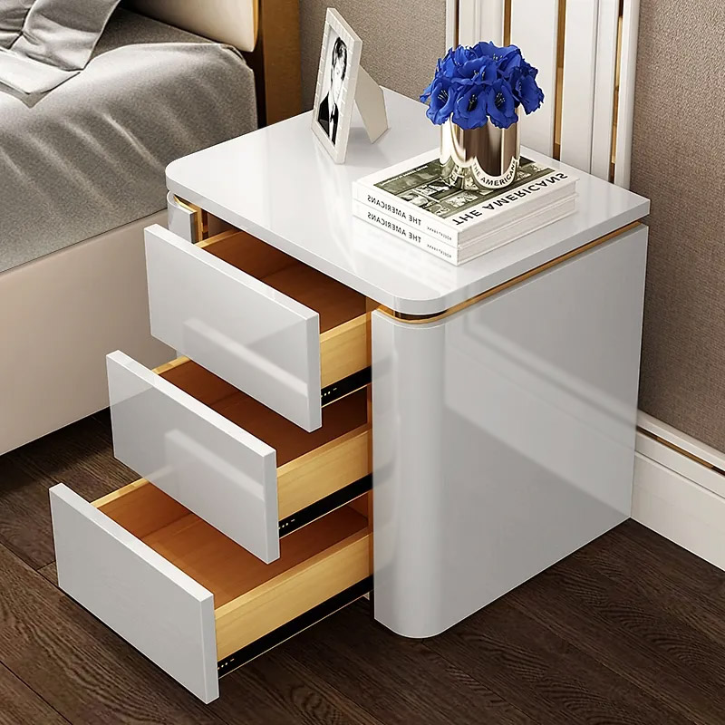Modern Luxury White & Gold 3 Drawers Bedroom Nightstand Square Bedside Table