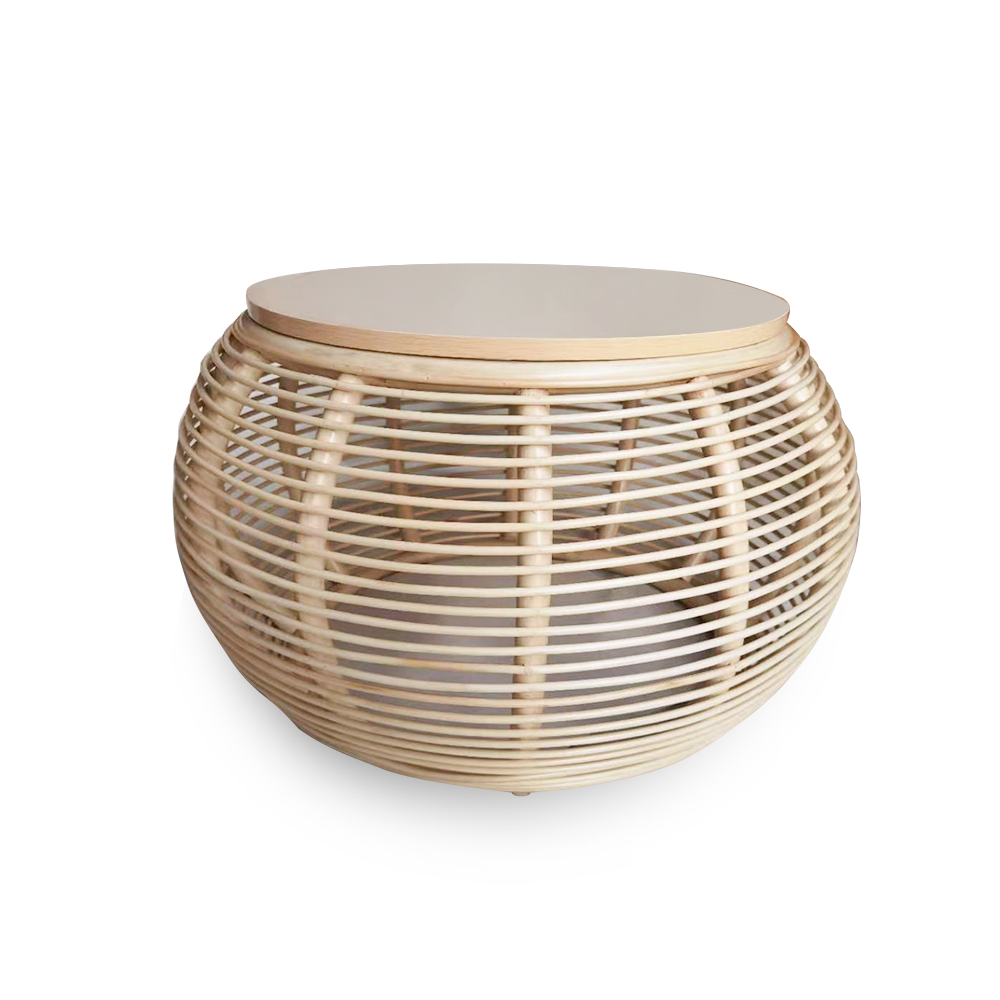 31.5" Natural Style Round Patio Rattan Coffee Table with Wood-Top