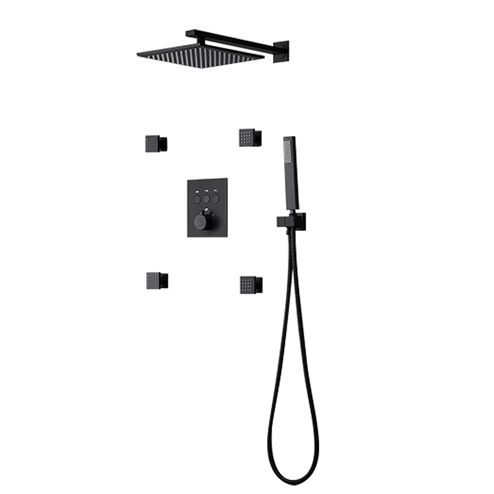 12'' Thermostatic Shower System Black Shower Head with 4 Body Jets and