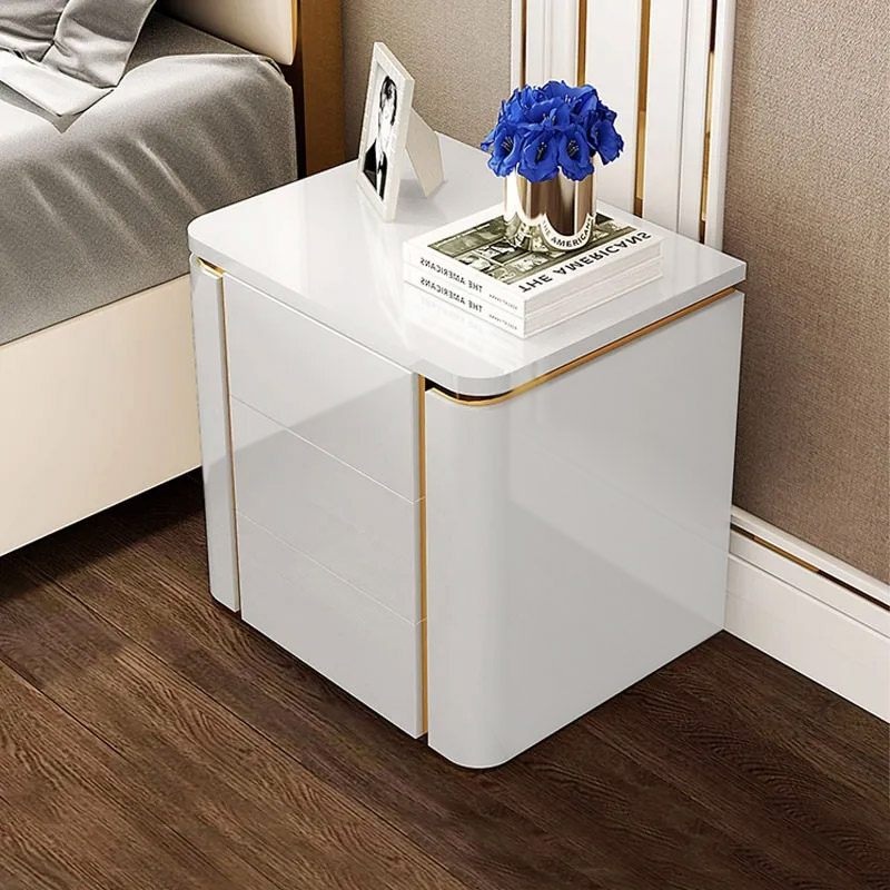 Modern Luxury White & Gold 3 Drawers Bedroom Nightstand Square Bedside Table