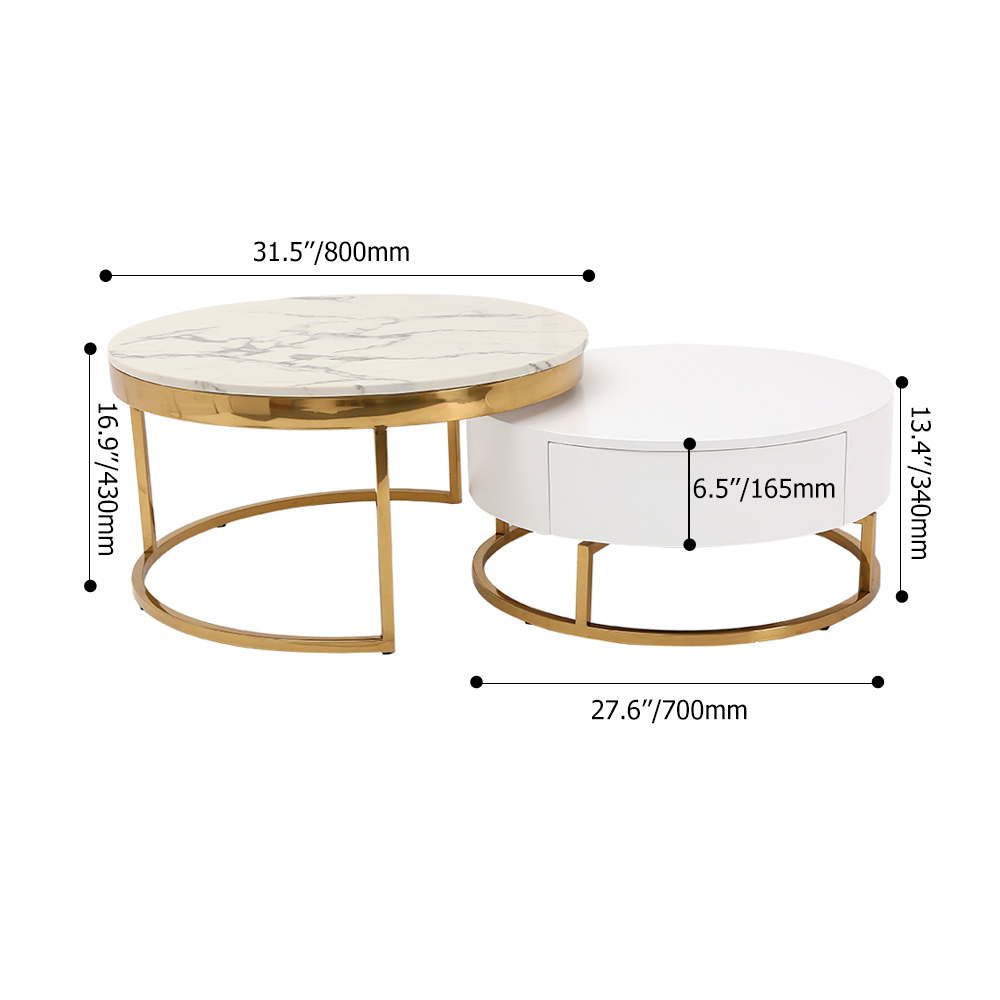 Table basse moderne en bois gigogne en pierre avec tiroirs en marbre et blanc