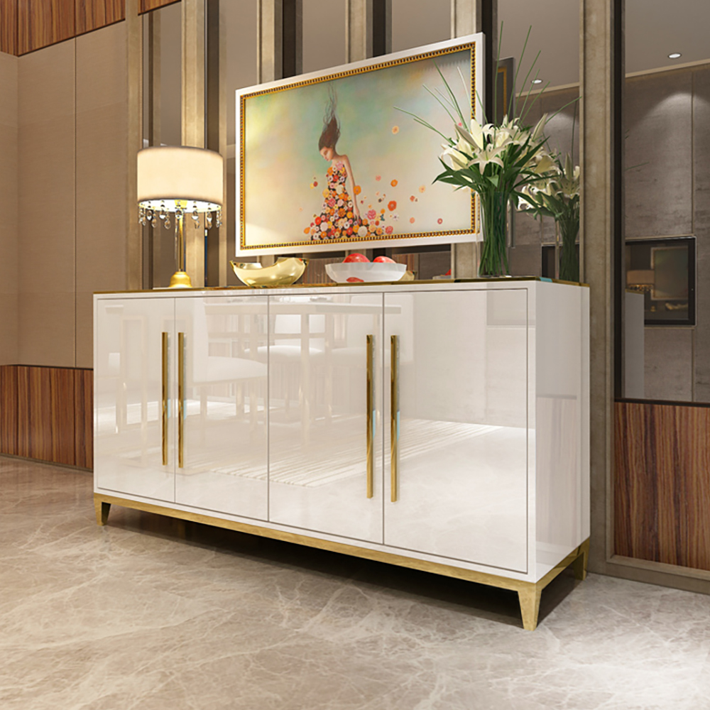 

59.1" Rectangular Sideboard Buffets Tempered Glass Top Cabinet 4 Doors & 2 Shelves, White