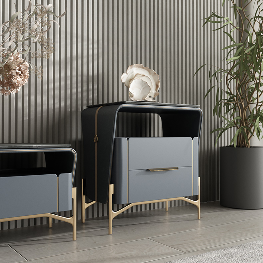 

Deep Blue Stone Top & Leather Upholstered Cabinet Chest Side Board with Drawers