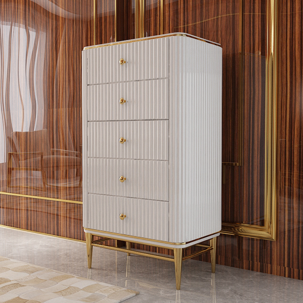 Image of Bline 25.6" Chest Light Luxurious White & Gold 5-Drawer Dresser