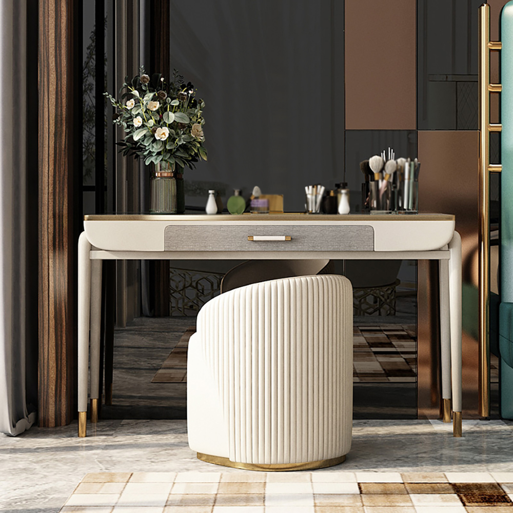 

Beige Makeup Vanity Set Stone Top Dressing Table with PU Leather Seat
