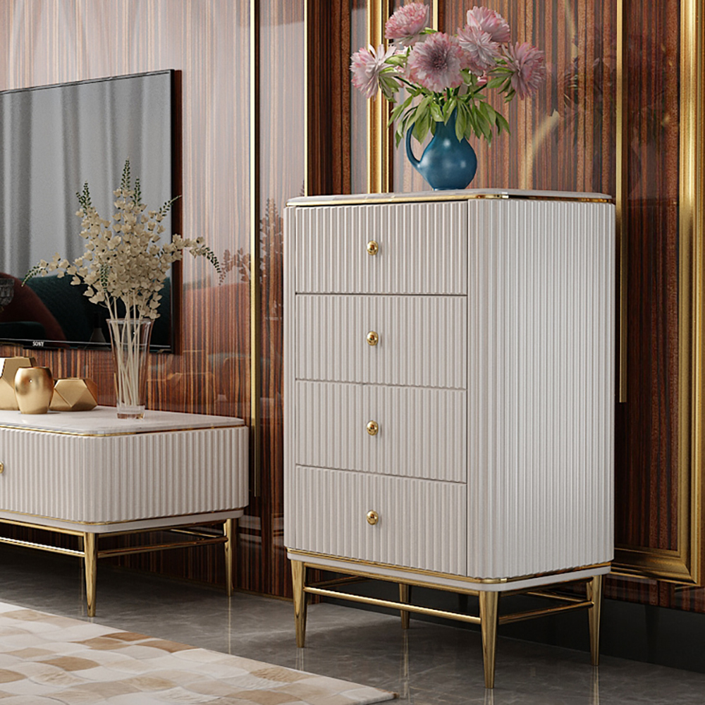 Image of Bline 25.6" Chest Light Luxurious White & Gold 4-Drawer Dresser