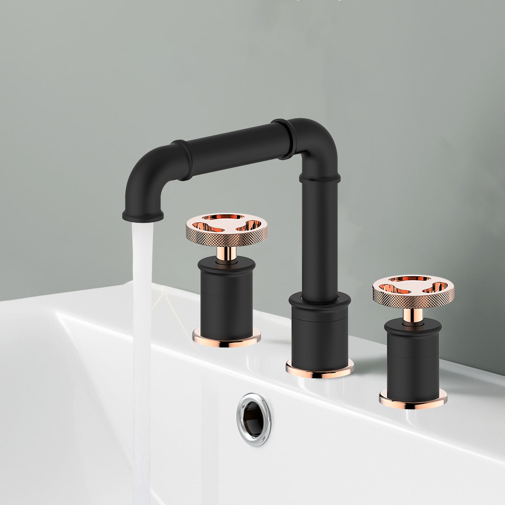 Ruth Industrial Pipe Black and Rose Gold Bathroom Widespread Sink Faucet