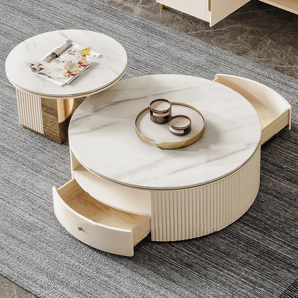 Modern Chic Round Nesting Coffee Table with Storage White Stone Coffee