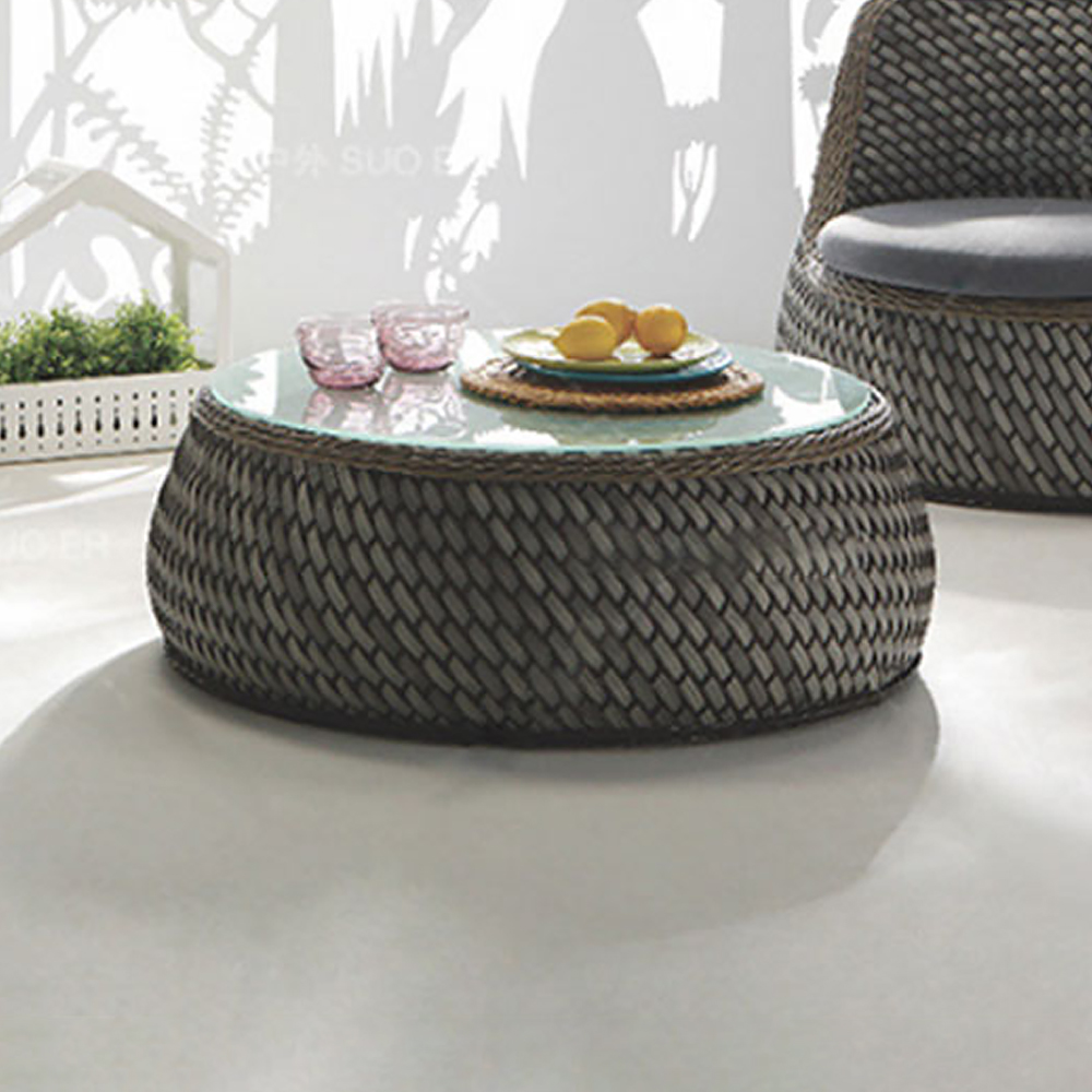 

38.6" Round Rattan Tempered Glass Tabletop Side Coffee Table