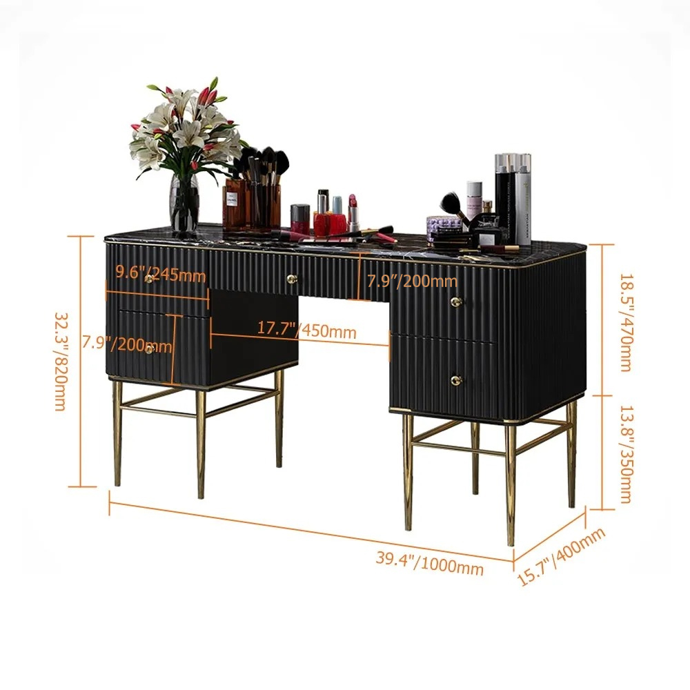 Black Makeup Vanity Table Faux Marble Dressing Table with Drawers Gold Stainless Steel