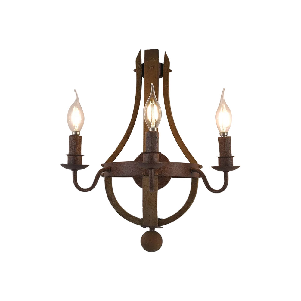 Rustic Wood & Metal Indoor Wall Sconce 3-Light with Candle Light in Rust