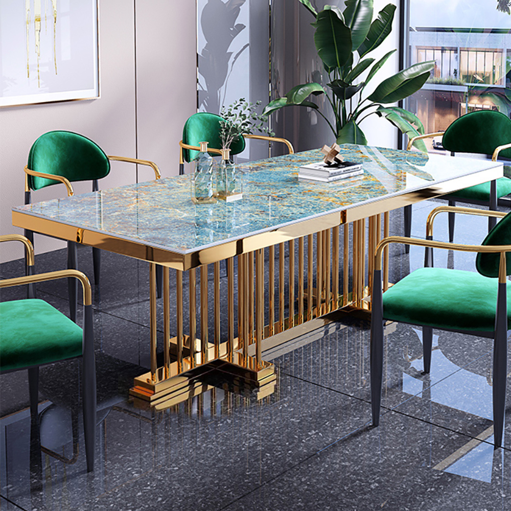 

63" Modern Rectangular Glossy Stone Dining Table Gold Stainless Steel Pedestal