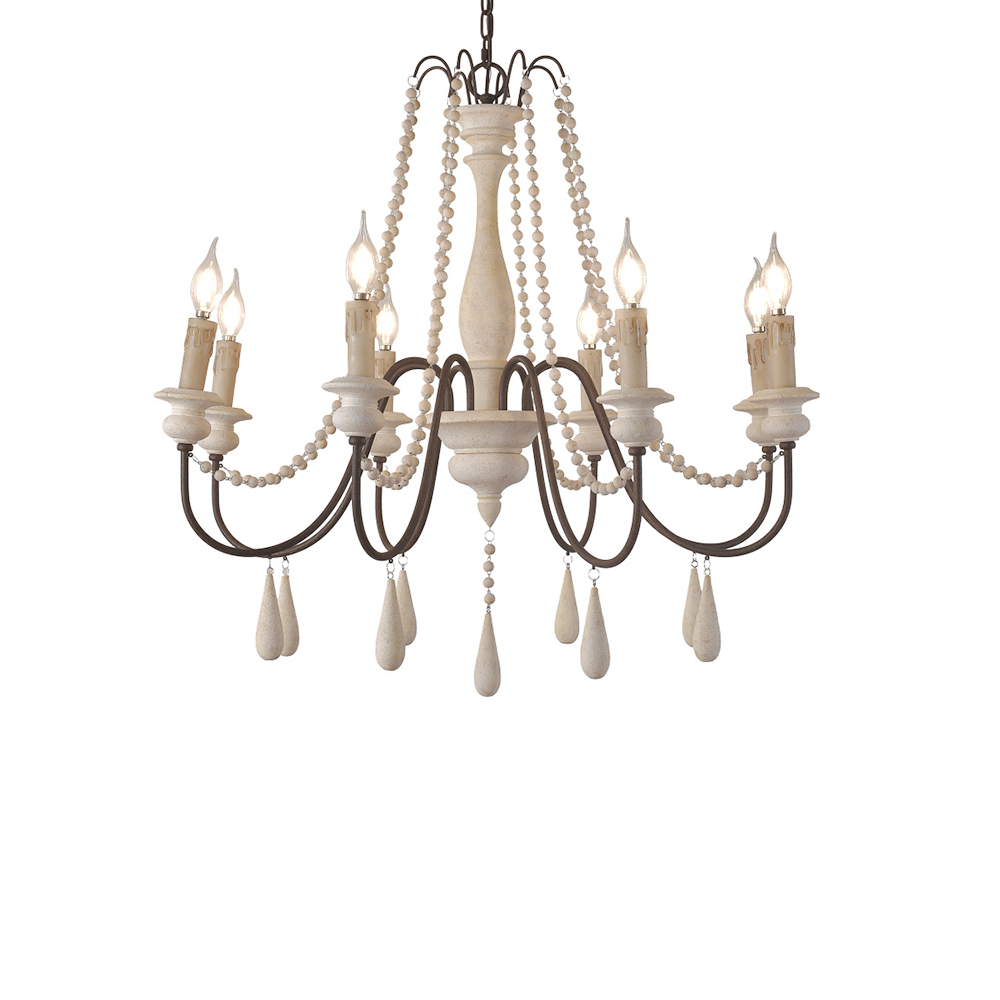 French Country Candle-Style 8-Light Wood Bead Swag Wooden Chandelier White