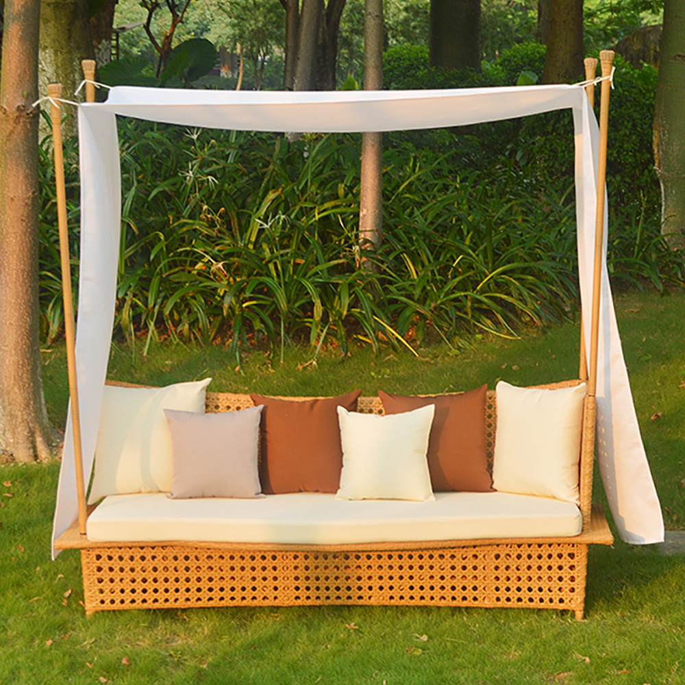 

Yellow Rattan Patio Sofa Bed with Removable Rack and Sunshade