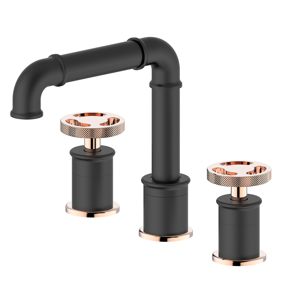 Ruth Industrial Pipe Black and Rose Gold Bathroom Widespread Sink Faucet