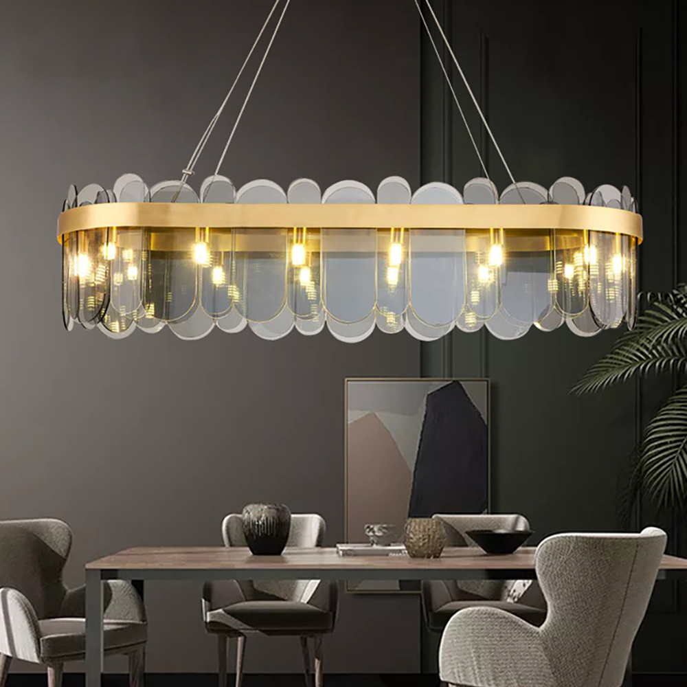 

Postmodern 12-Light Tiered Smokey Gray Glass Island Light with Oval Frame