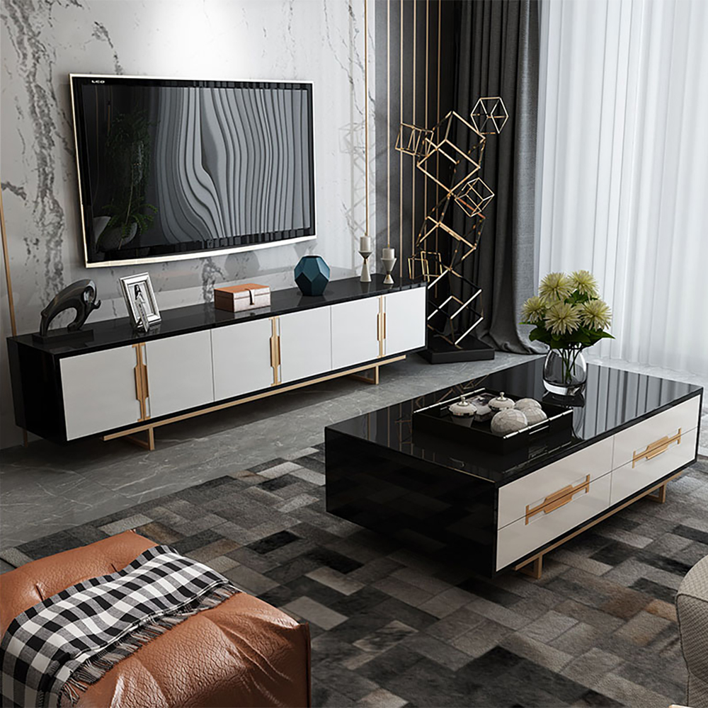 

Modern White Tempered Glass Coffee Table TV Stand Storage Living Room Set of 2