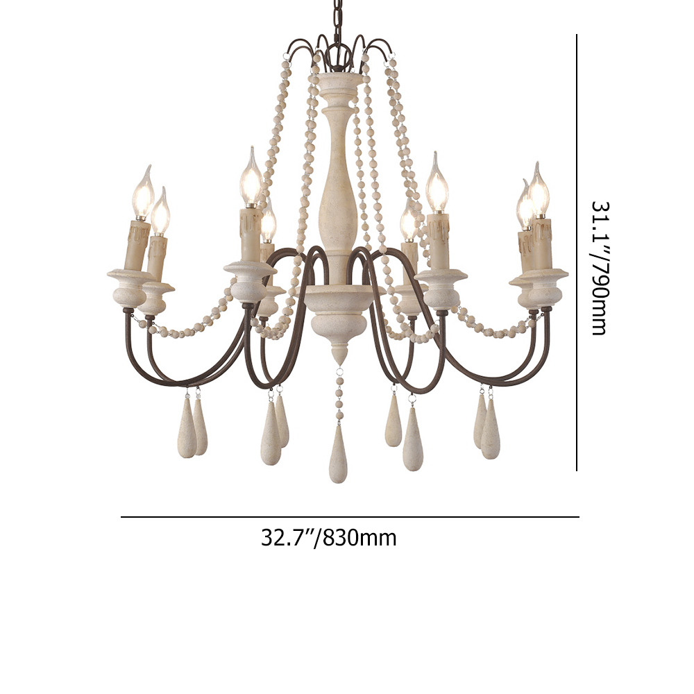 French Country Candle-Style 8-Light Wood Bead Swag Wooden Chandelier White