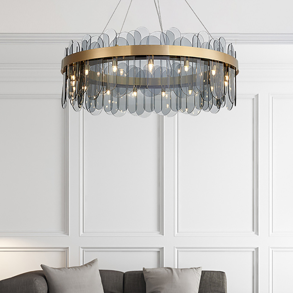 Modern Round 18 Light Tiered Smokey Gray Glass Chandelier Homary