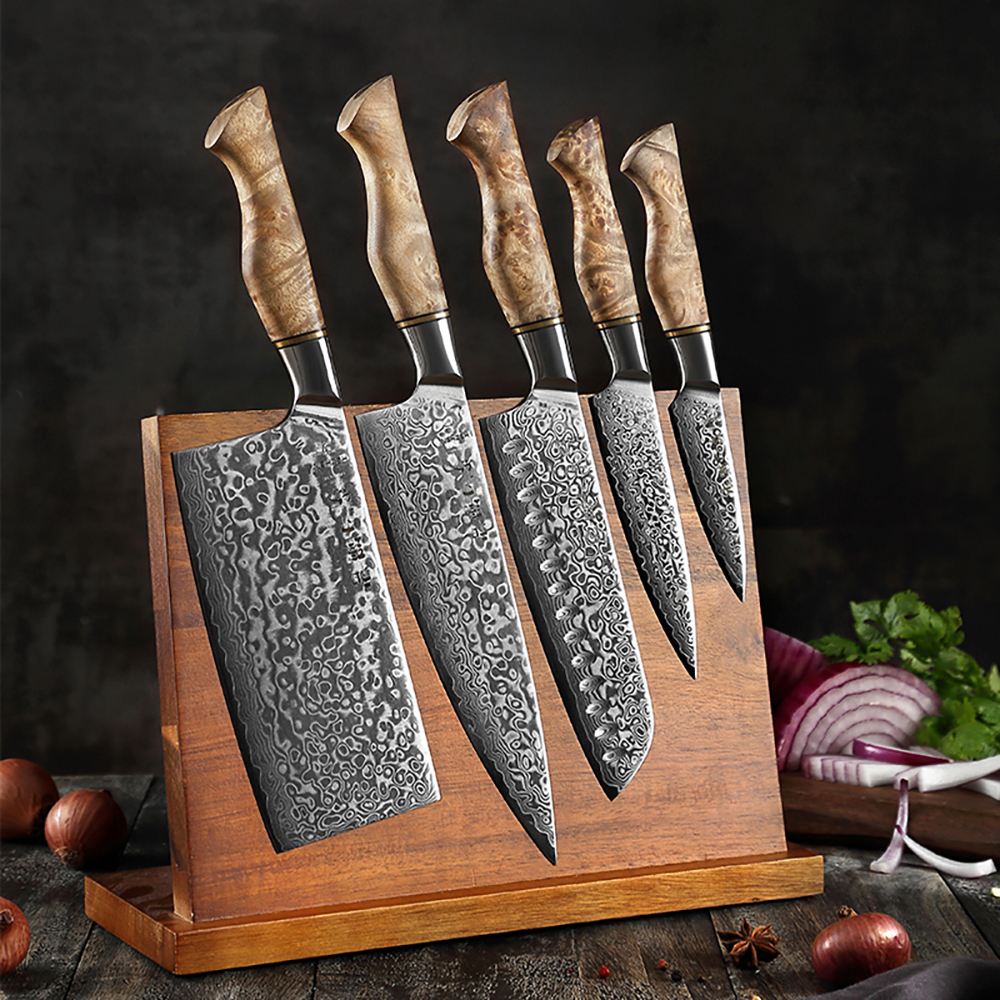 6 Pieces Damascus Kitchen Knife Set with Wooden Block & Wood Handle
