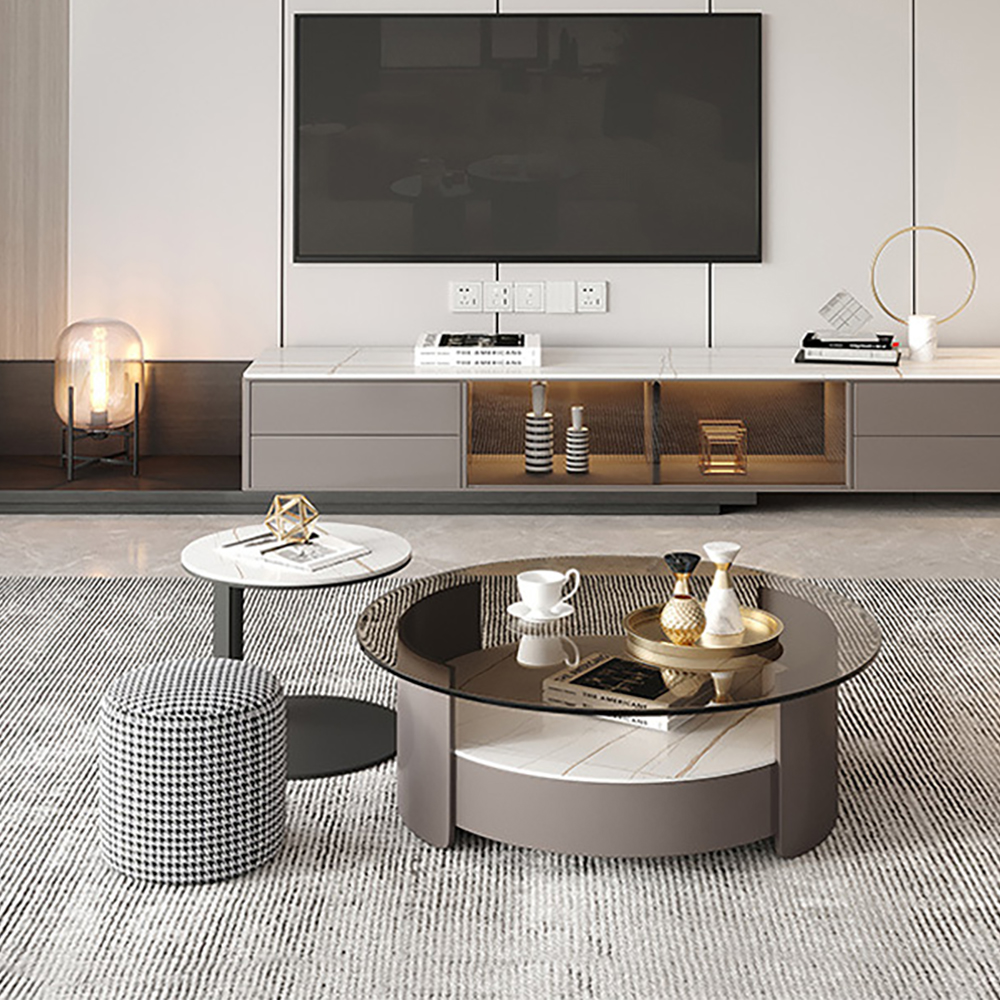 

Modern Round Nesting Coffee Table Set Tempered Glass & Stone Top with Stool 3 Pieces