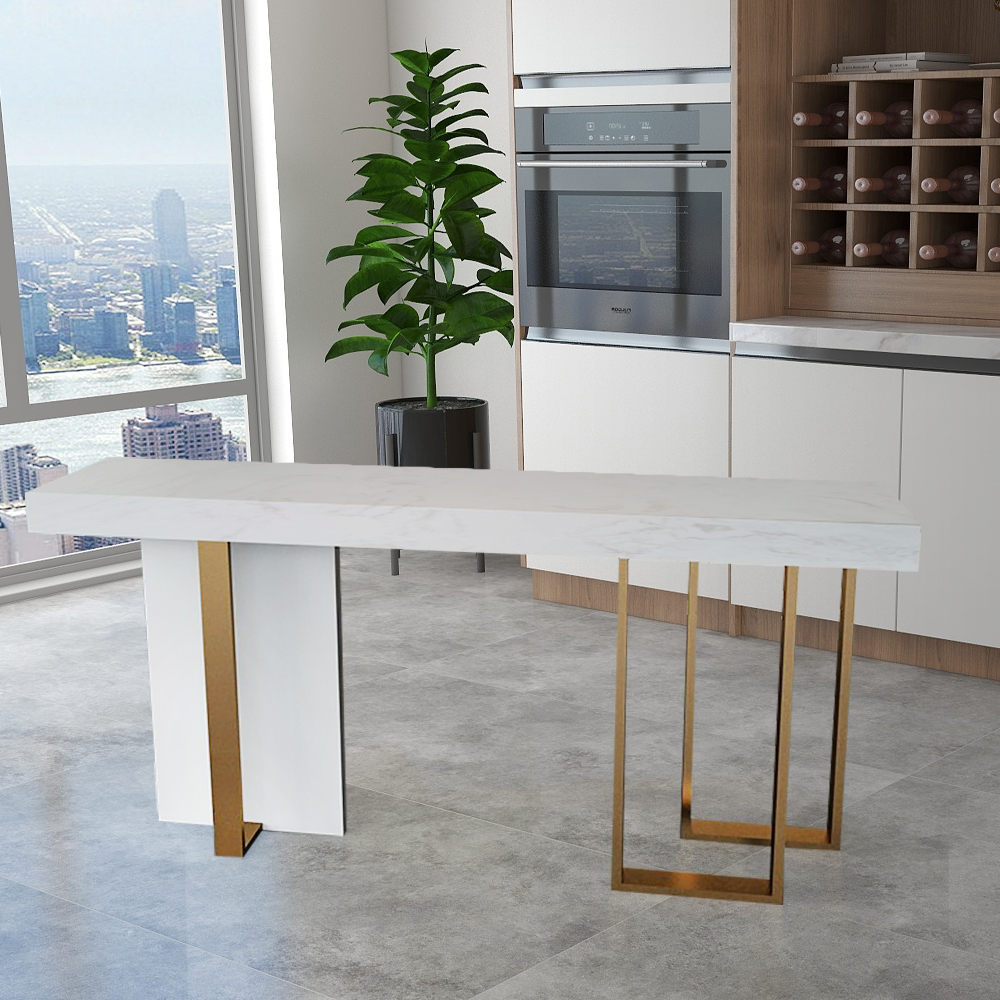 Modern White Bar Table Marble Top & Metal Base Pub Table